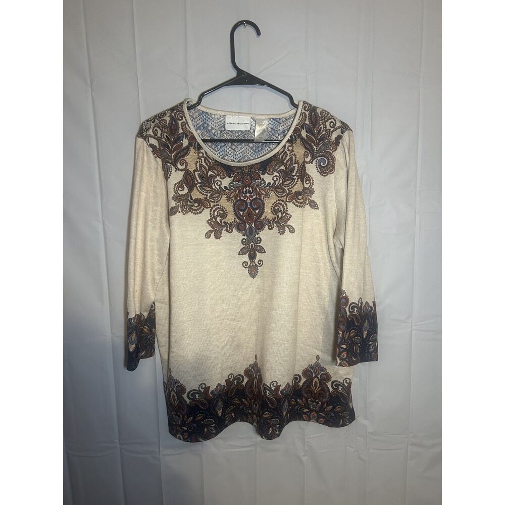 Alfred Dunner Paisley Beaded Top L Cream Sheer Lace Back Rhinestone Knit Blouse